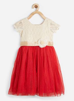 Beige embroidered satin kids-frocks 1