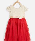 Beige embroidered satin kids-frocks