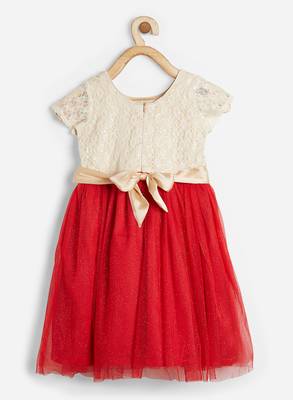 Beige embroidered satin kids-frocks 2