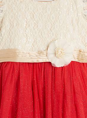 Beige embroidered satin kids-frocks 3