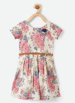 Beige printed cotton kids-frocks 1