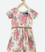 Beige printed cotton kids-frocks