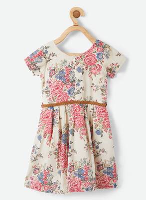 Beige printed cotton kids-frocks 2