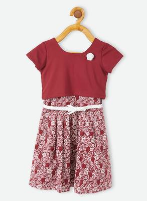 Maroon printed velvet kids-frocks 1
