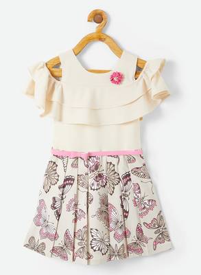 Beige printed velvet kids-frocks 1