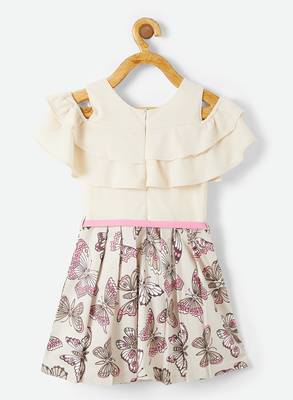 Beige printed velvet kids-frocks 2