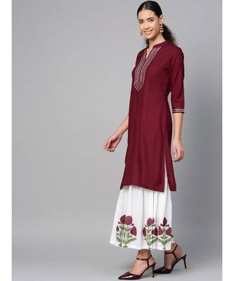 maroon plain rayon kurta-sets 2