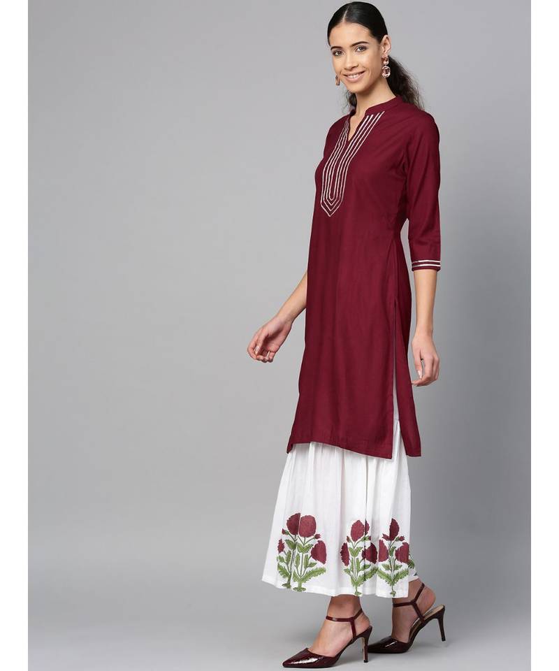 maroon plain rayon kurta-sets