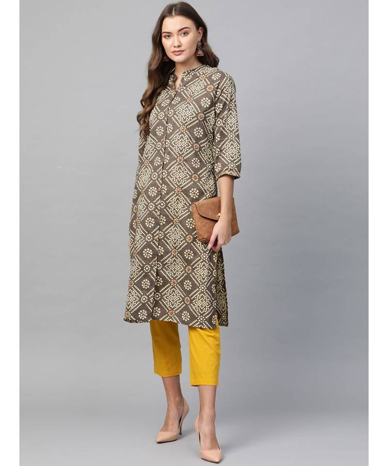 green printed cotton kurta-sets