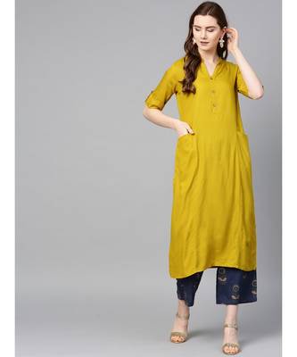 mustard plain rayon kurta-sets 1