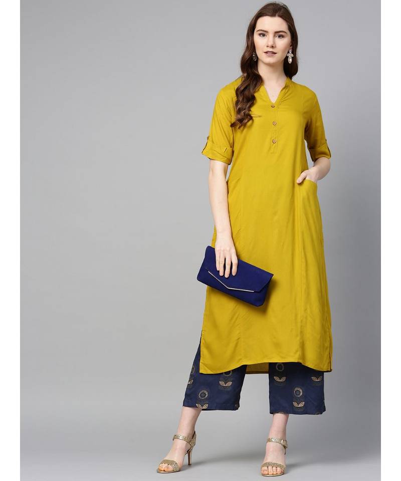 mustard plain rayon kurta-sets