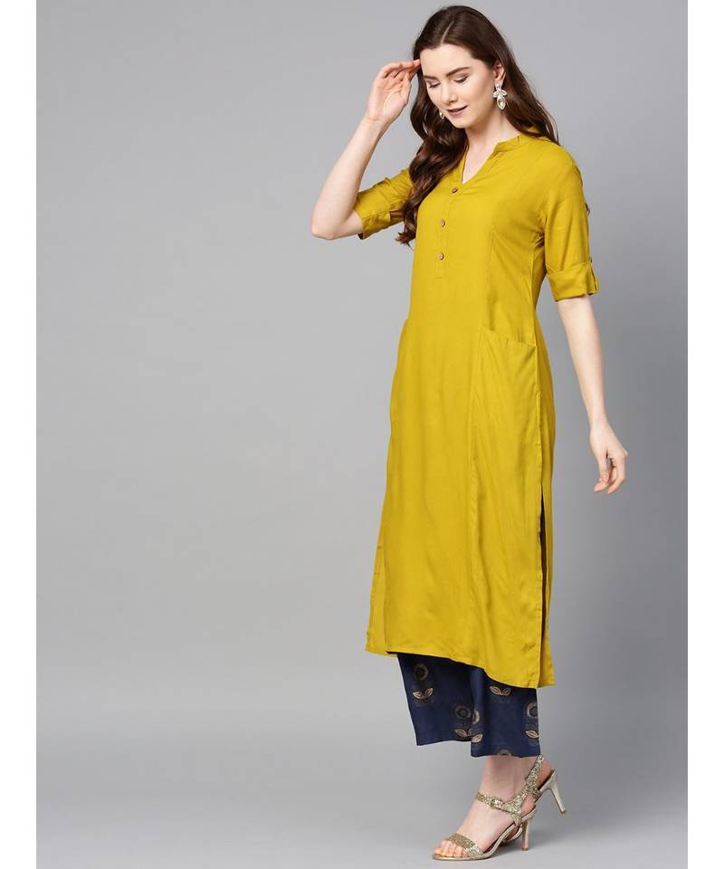mustard plain rayon kurta-sets