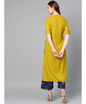 mustard plain rayon kurta-sets 4