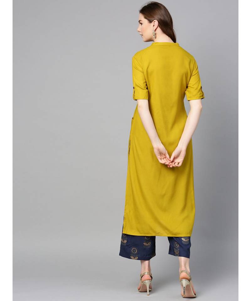 mustard plain rayon kurta-sets
