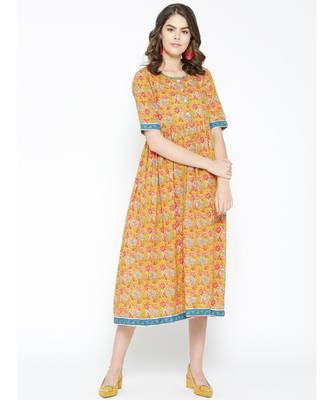 mustard printed cotton kurtis 1