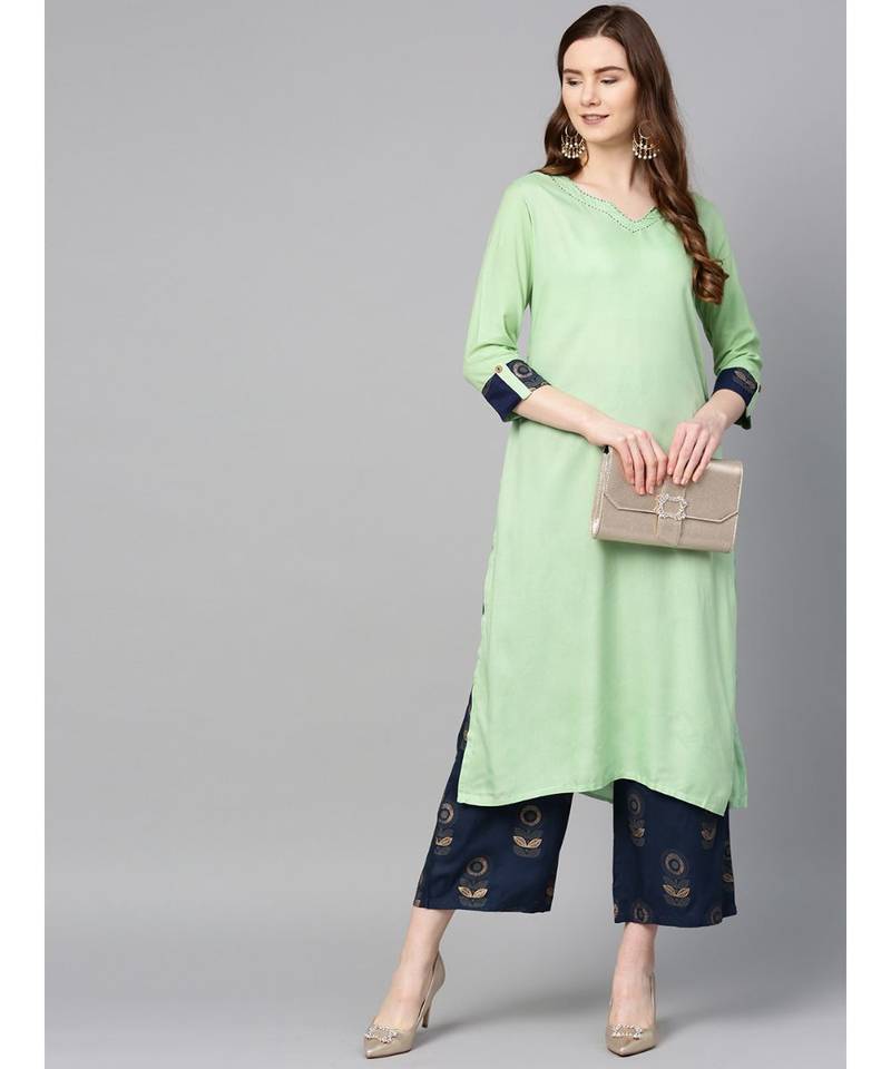 green plain rayon kurta-sets