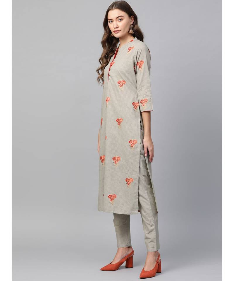 green printed cotton kurta-sets