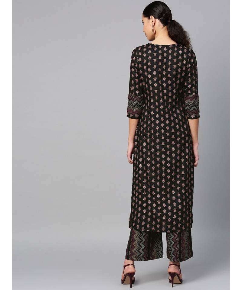 black printed cotton kurta-sets