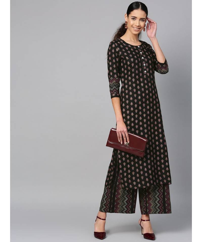 black printed cotton kurta-sets