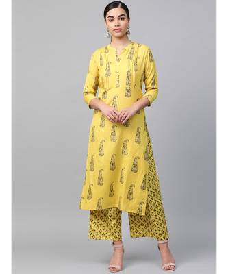 yellow printed cotton kurta-sets 1