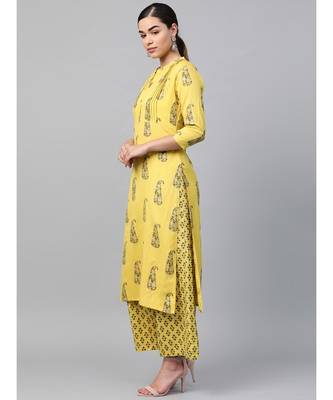 yellow printed cotton kurta-sets 4