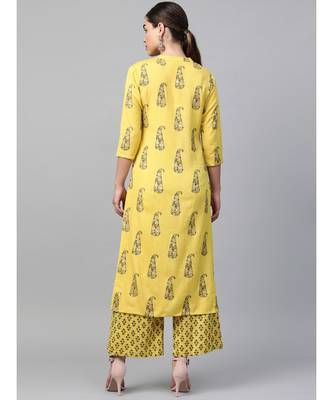 yellow printed cotton kurta-sets 5