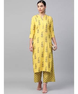 yellow printed cotton kurta-sets 6