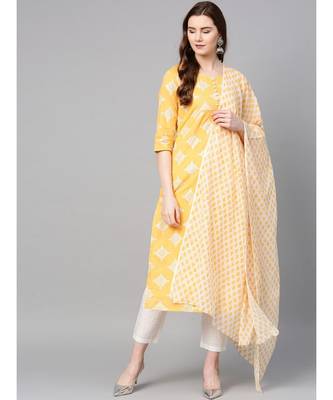 yellow printed cotton kurta-sets 1