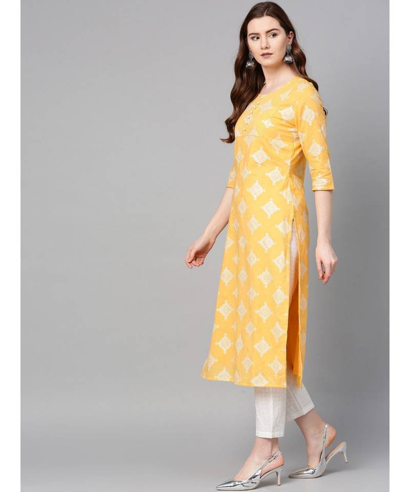 yellow printed cotton kurta-sets