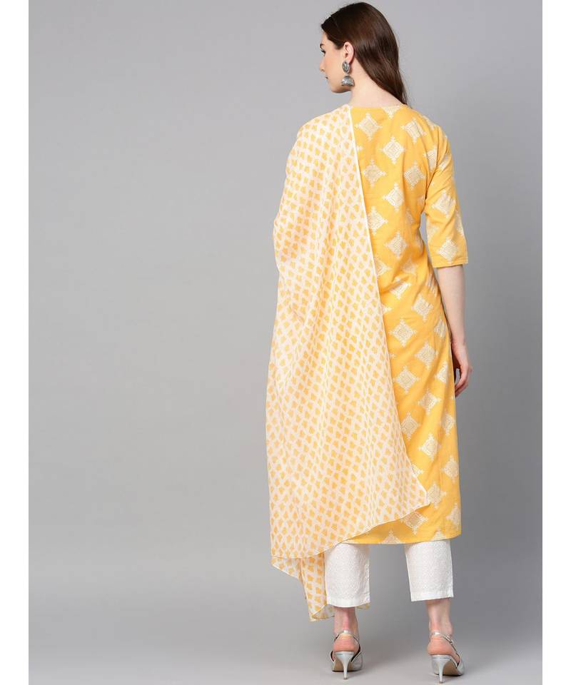 yellow printed cotton kurta-sets