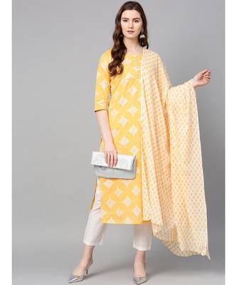 yellow printed cotton kurta-sets 4