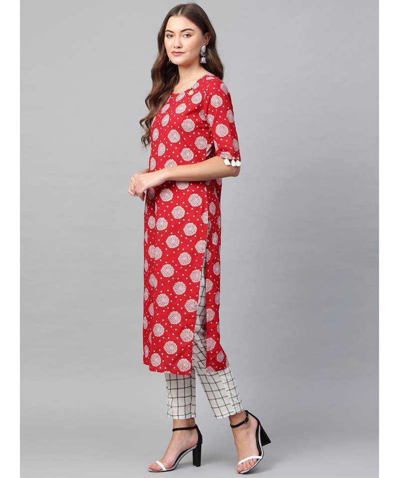 red printed cotton kurta-sets