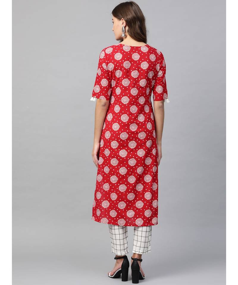 red printed cotton kurta-sets