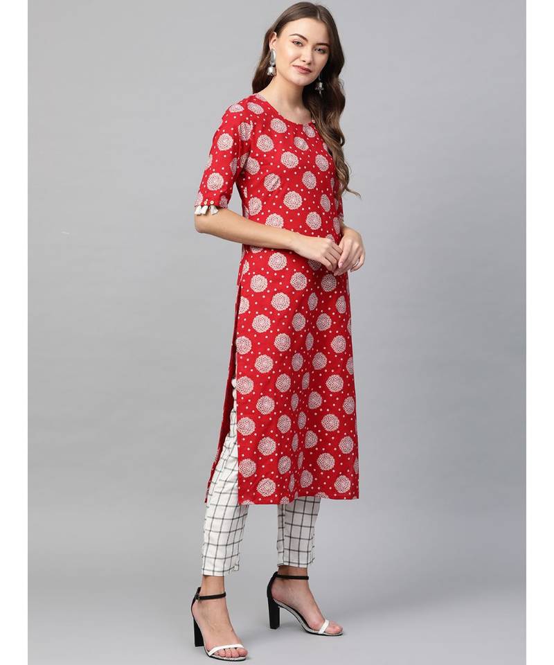 red printed cotton kurta-sets