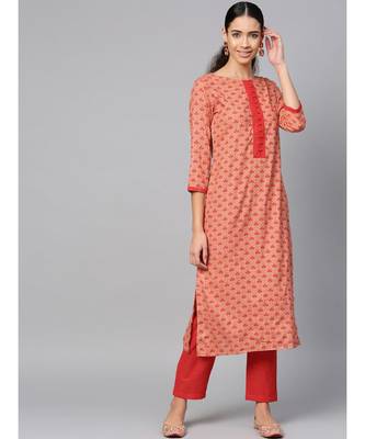 peach printed cotton kurta-sets 1
