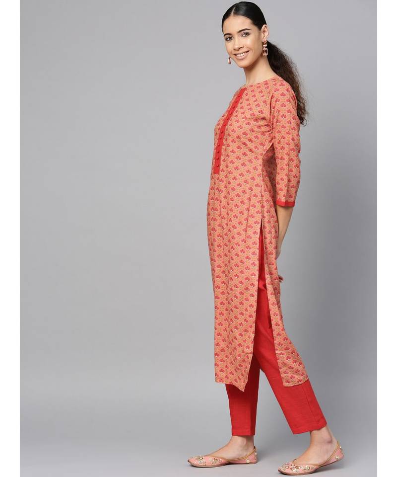 peach printed cotton kurta-sets