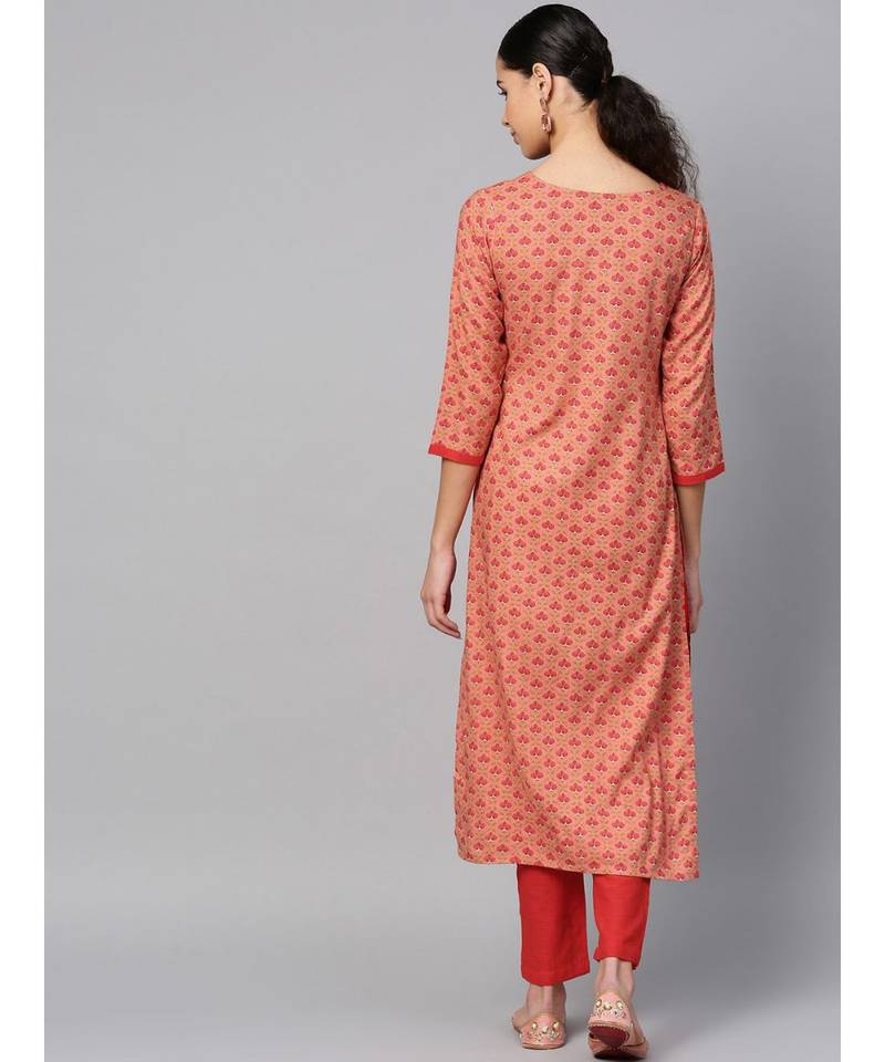 peach printed cotton kurta-sets