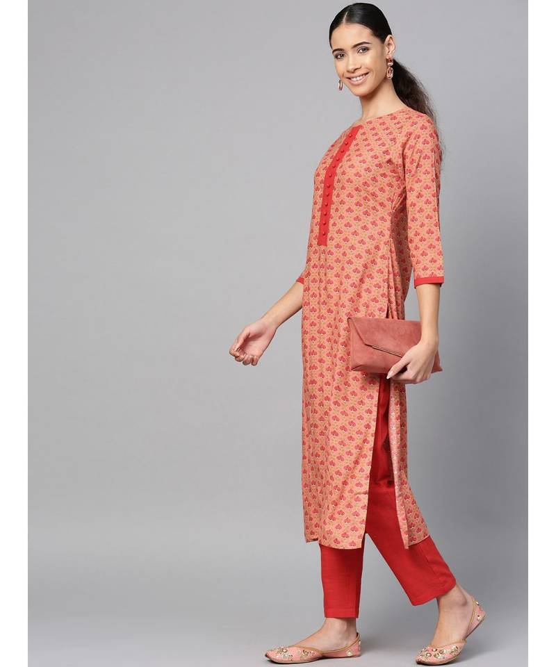 peach printed cotton kurta-sets