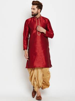 Red plain silk dhoti-kurta 1