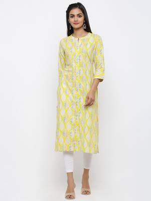 Yellow printed cotton kurtas-and-kurtis 1