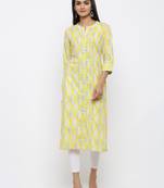 Yellow printed cotton kurtas-and-kurtis