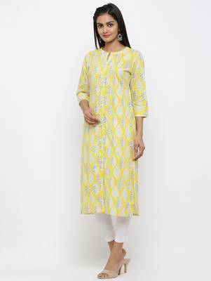 Yellow printed cotton kurtas-and-kurtis 2