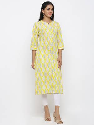 Yellow printed cotton kurtas-and-kurtis 3