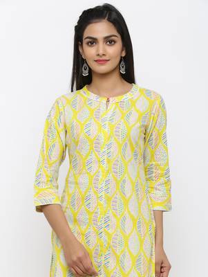Yellow printed cotton kurtas-and-kurtis 4