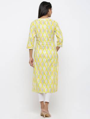 Yellow printed cotton kurtas-and-kurtis 5