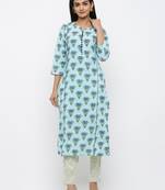 Turquoise printed cotton kurtas-and-kurtis