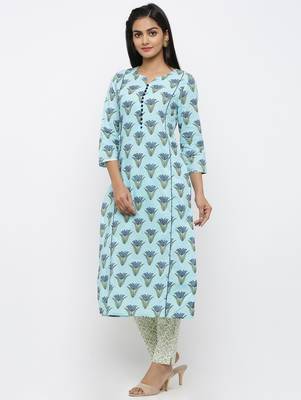 Turquoise printed cotton kurtas-and-kurtis 2