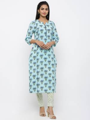 Turquoise printed cotton kurtas-and-kurtis 3