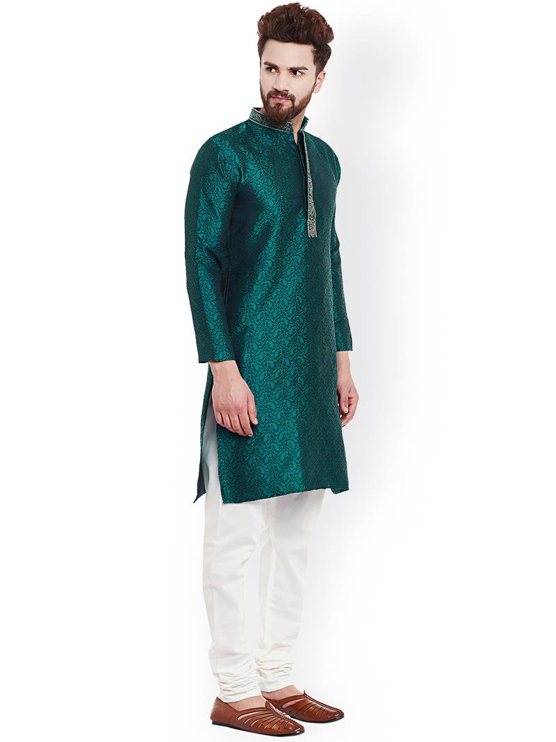Green plain silk kurta-pajama
