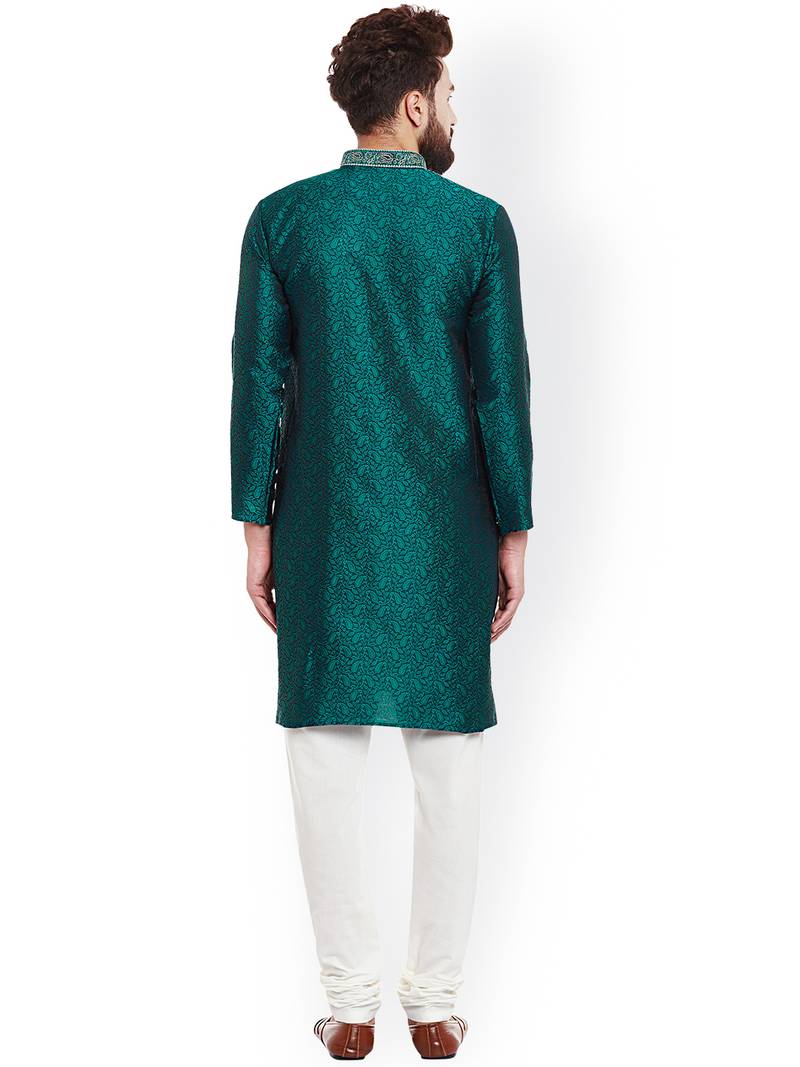Green plain silk kurta-pajama